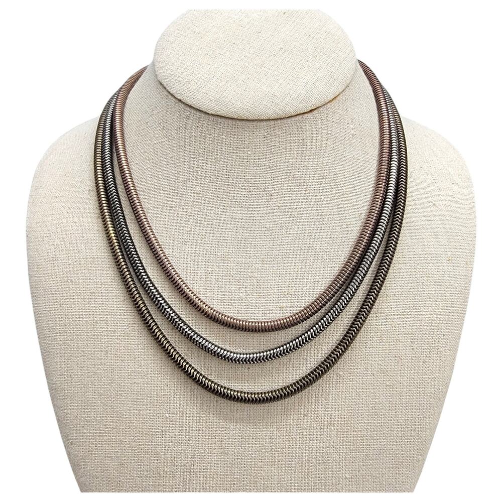 Vintage Tri Tone Snake Chain Collar Necklace 3 Strand Mixed Metal Choker 80s